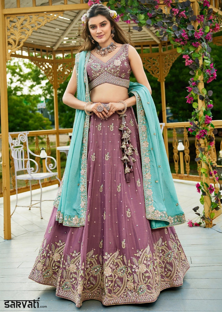Razzmic Berry Purple Chiffon Lehenga Choli with Sequins and Floral Embroidery - House of Sarvati LLC