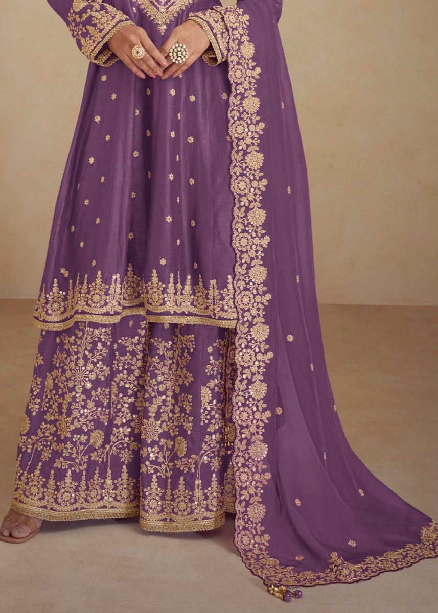 Rebecca Purple Chinon Silk Palazzo Suit with Floral Thread Embroidery - House of Sarvati LLC