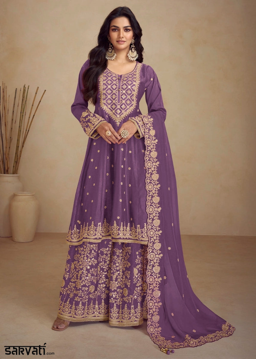 Rebecca Purple Chinon Silk Palazzo Suit with Floral Thread Embroidery - House of Sarvati LLC