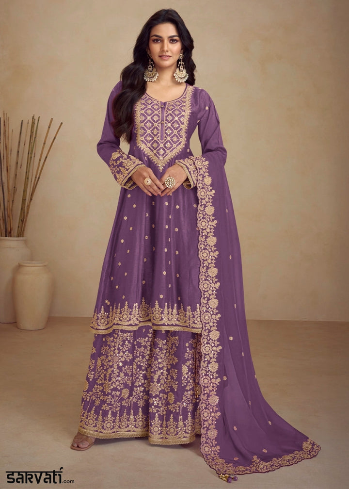 Rebecca Purple Chinon Silk Palazzo Suit with Floral Thread Embroidery - House of Sarvati LLC