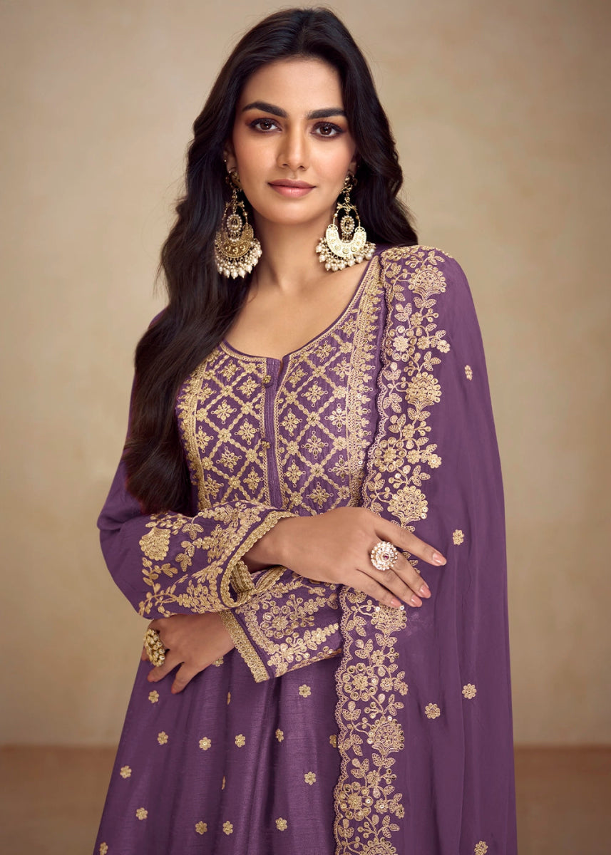 Rebecca Purple Chinon Silk Palazzo Suit with Floral Thread Embroidery - House of Sarvati LLC