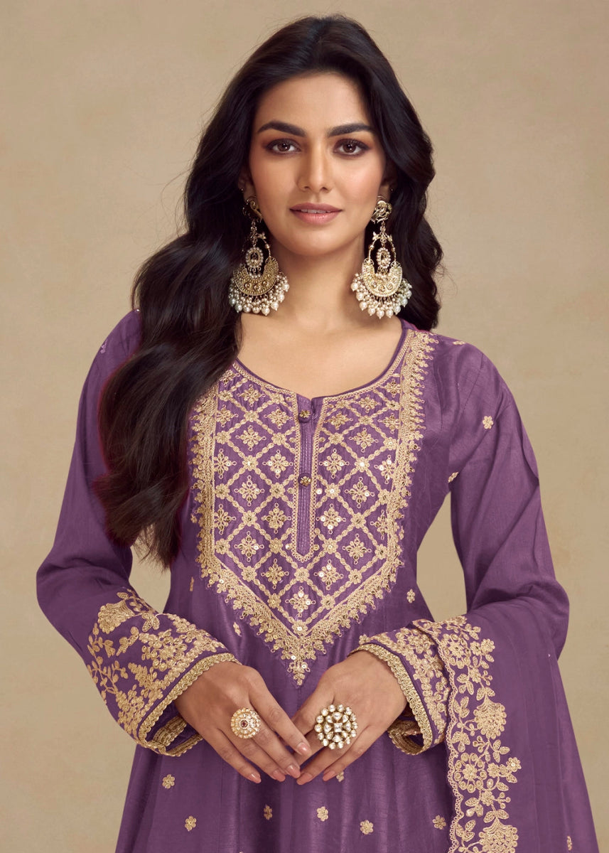 Rebecca Purple Chinon Silk Palazzo Suit with Floral Thread Embroidery - House of Sarvati LLC