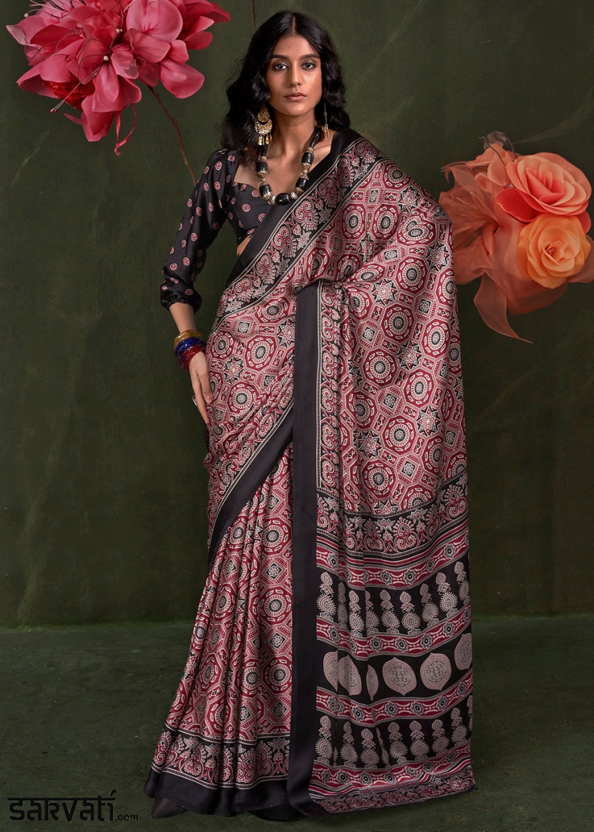 Red & Black Satin Crepe Saree Featuring Rich Ajrakh Prints - House of Sarvati LLC