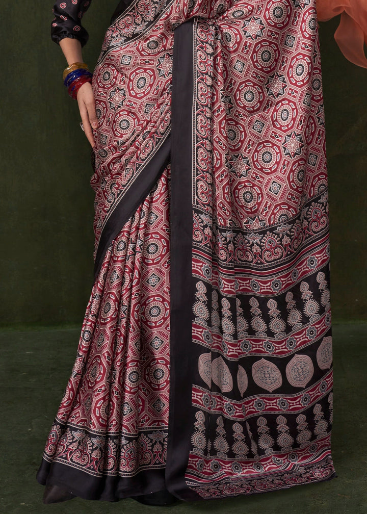 Red & Black Satin Crepe Saree Featuring Rich Ajrakh Prints - House of Sarvati LLC