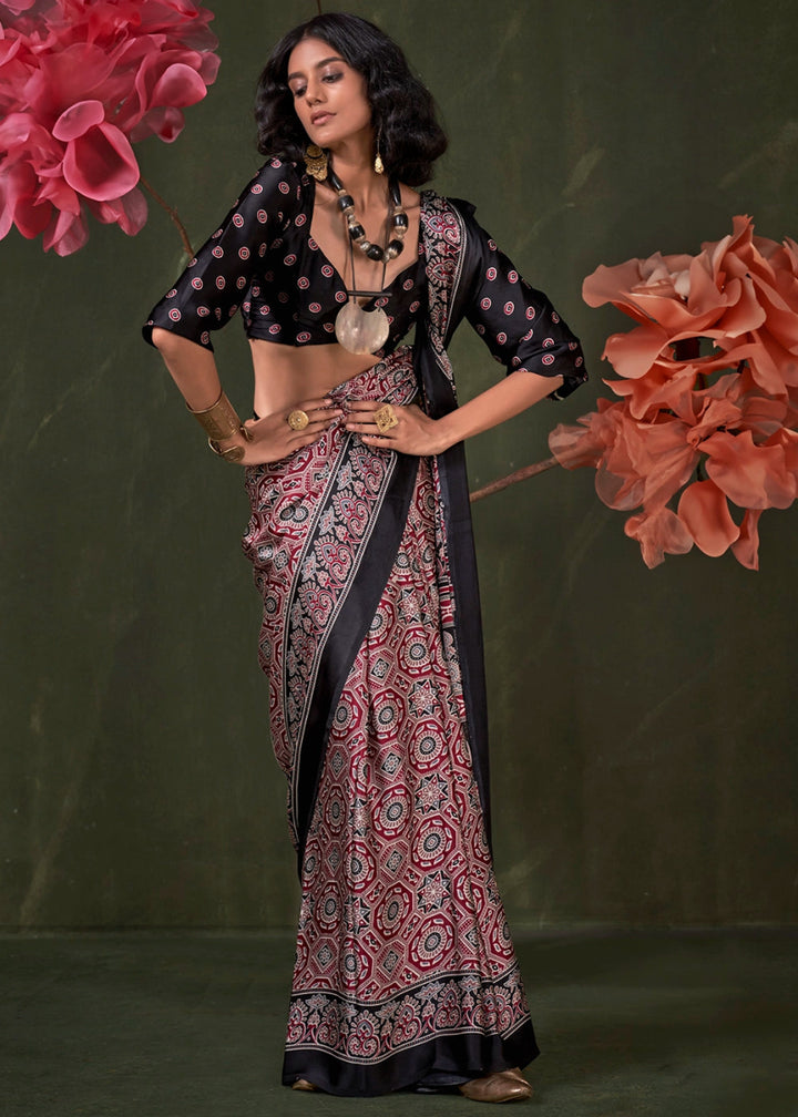 Red & Black Satin Crepe Saree Featuring Rich Ajrakh Prints - House of Sarvati LLC