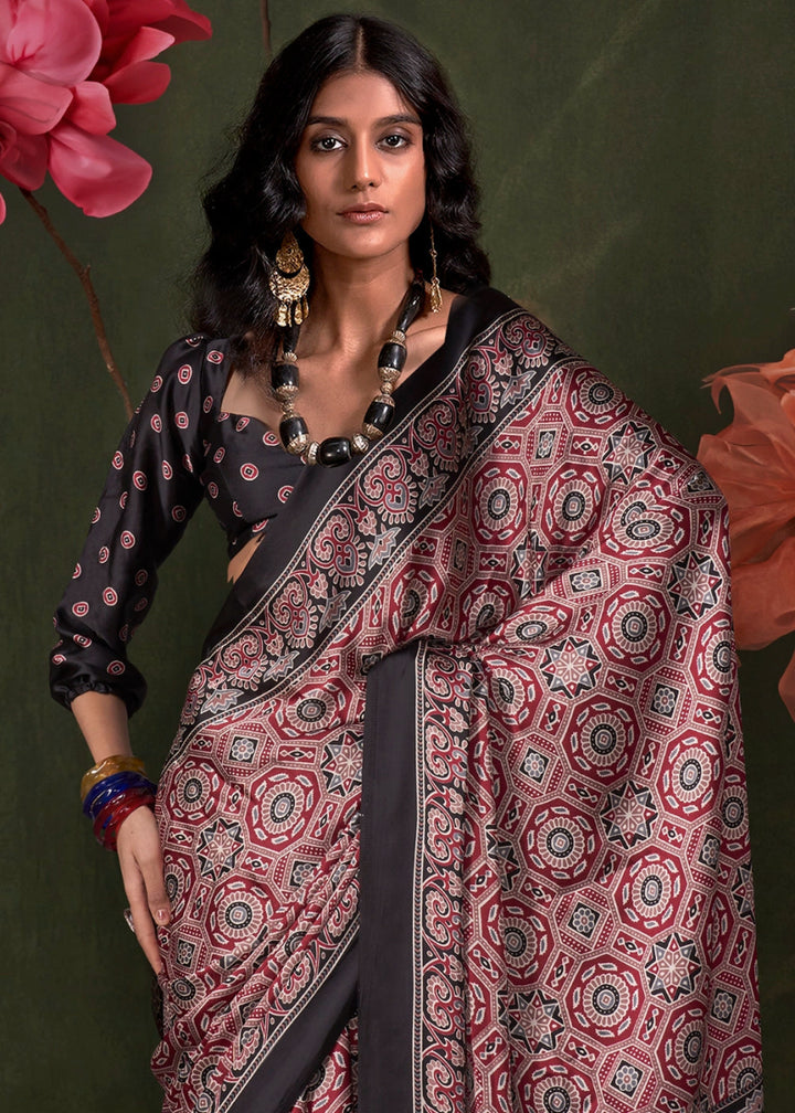 Red & Black Satin Crepe Saree Featuring Rich Ajrakh Prints - House of Sarvati LLC