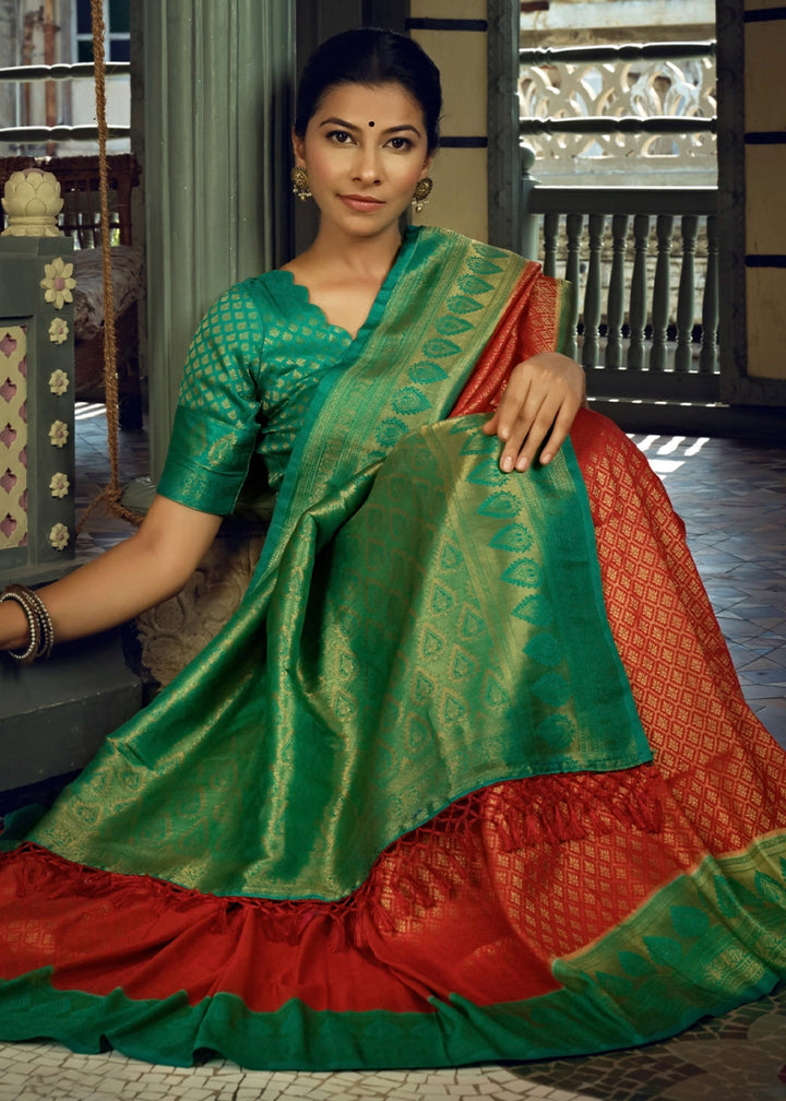 Red & Green Zari Woven Kanjivaram Silk Saree - House of Sarvati LLC