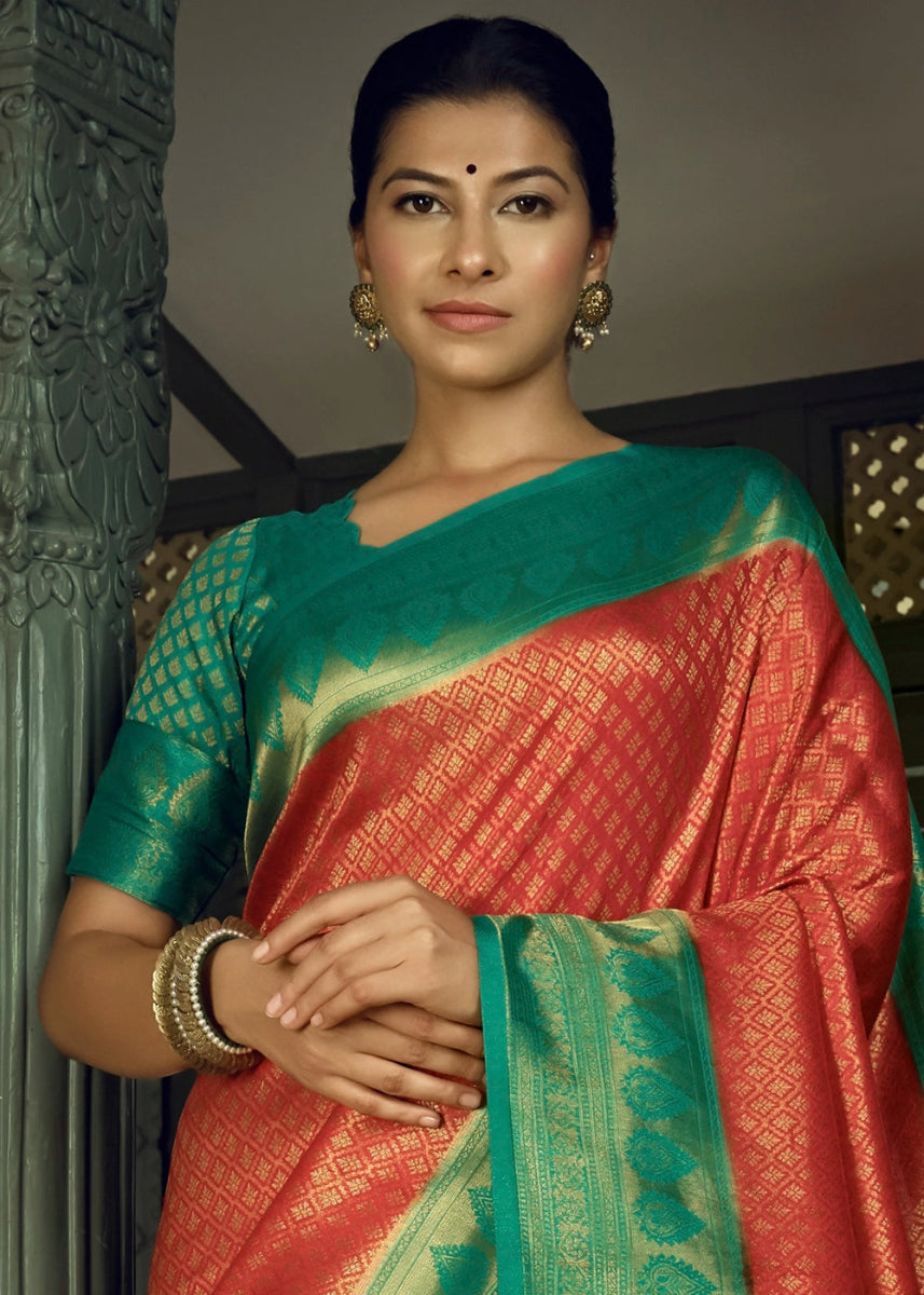 Red & Green Zari Woven Kanjivaram Silk Saree - House of Sarvati LLC