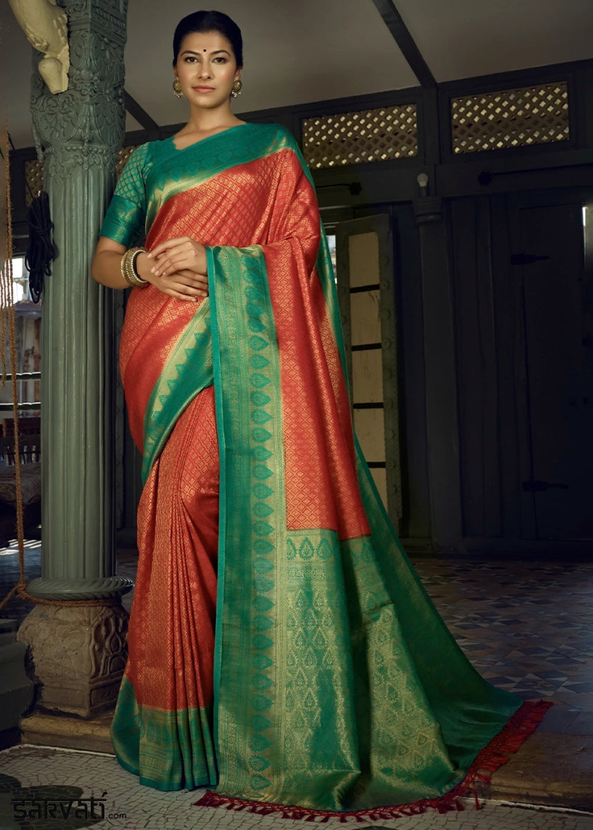 Red & Green Zari Woven Kanjivaram Silk Saree - House of Sarvati LLC