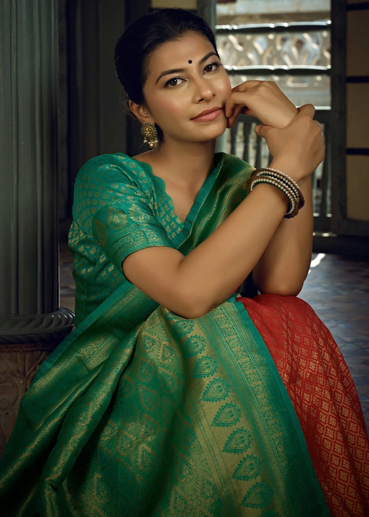 Red & Green Zari Woven Kanjivaram Silk Saree - House of Sarvati LLC