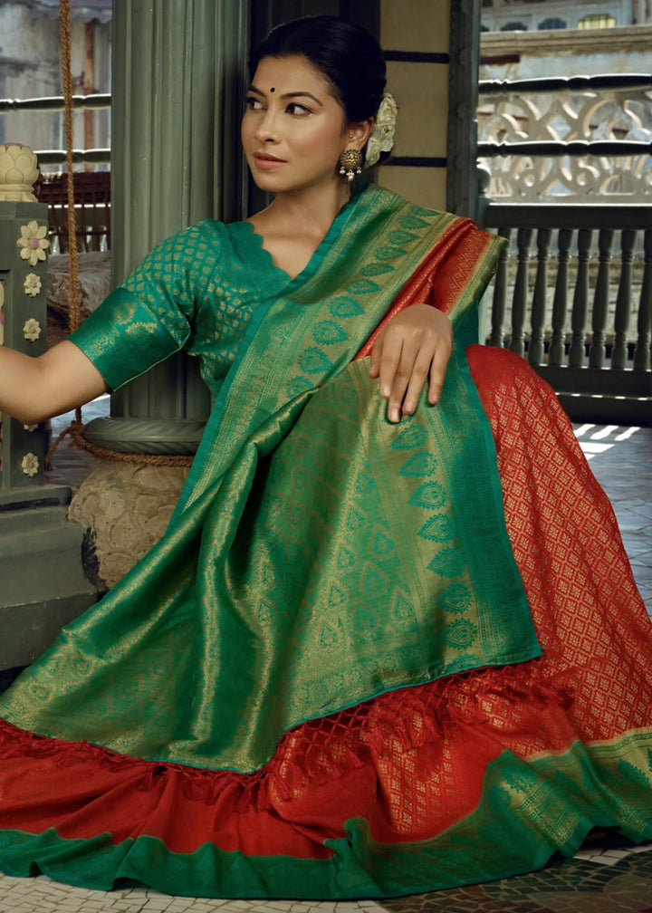 Red & Green Zari Woven Kanjivaram Silk Saree - House of Sarvati LLC