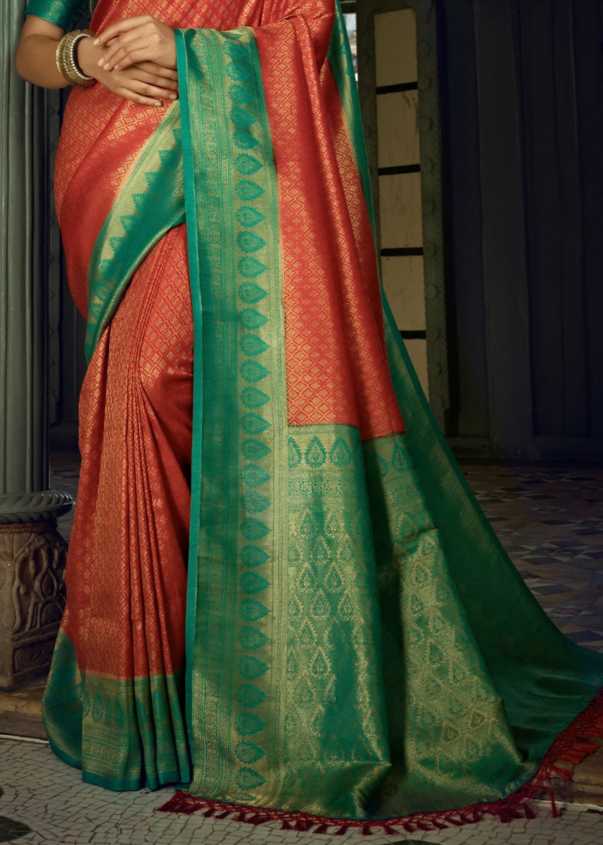 Red & Green Zari Woven Kanjivaram Silk Saree - House of Sarvati LLC