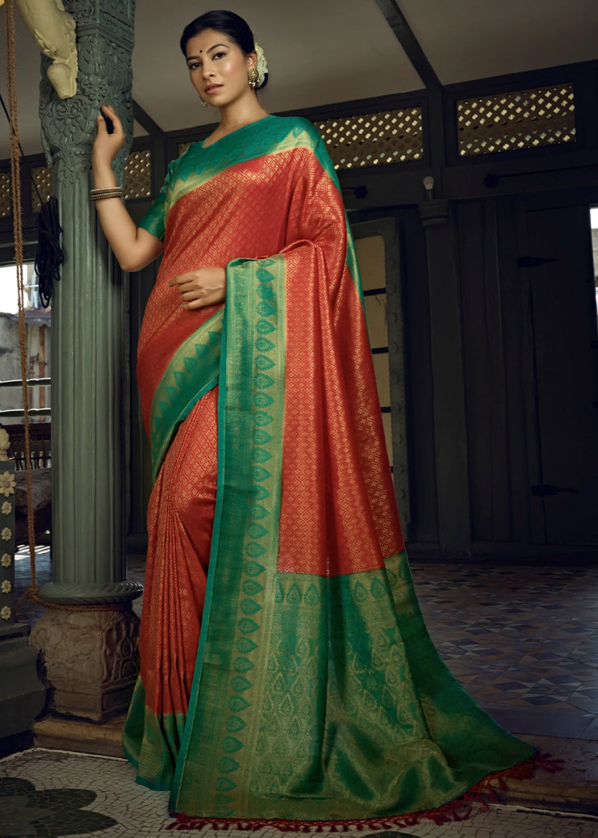 Red & Green Zari Woven Kanjivaram Silk Saree - House of Sarvati LLC