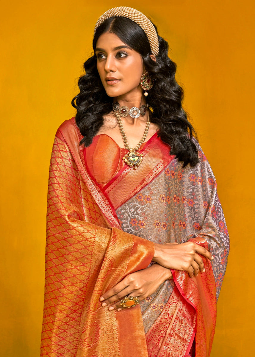Red & Grey Handloom Woven Kanjivaram Silk Saree with Zari Work - House of Sarvati LLC