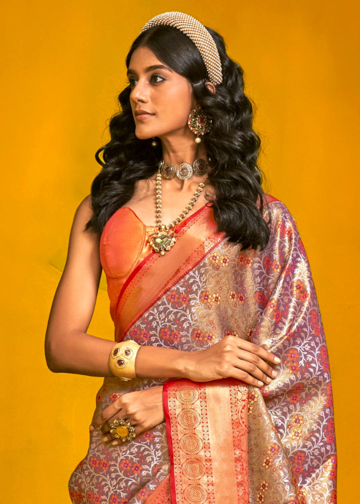 Red & Grey Handloom Woven Kanjivaram Silk Saree with Zari Work - House of Sarvati LLC