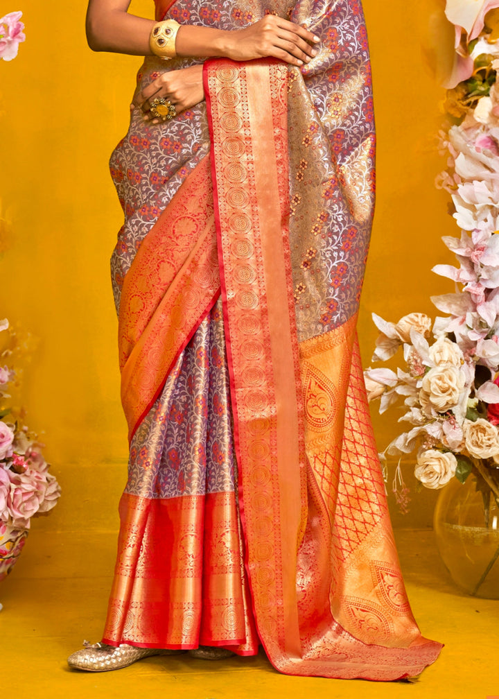 Red & Grey Handloom Woven Kanjivaram Silk Saree with Zari Work - House of Sarvati LLC