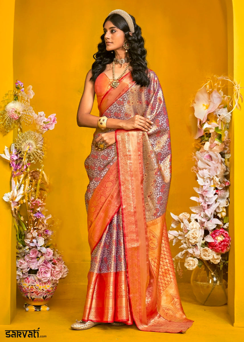 Red & Grey Handloom Woven Kanjivaram Silk Saree with Zari Work - House of Sarvati LLC