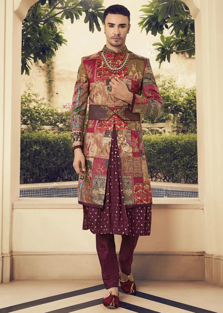 Red & Purple Dual Tone Silk Sherwani Set Ensemble with Elegant Print and Embroidery - House of Sarvati LLC