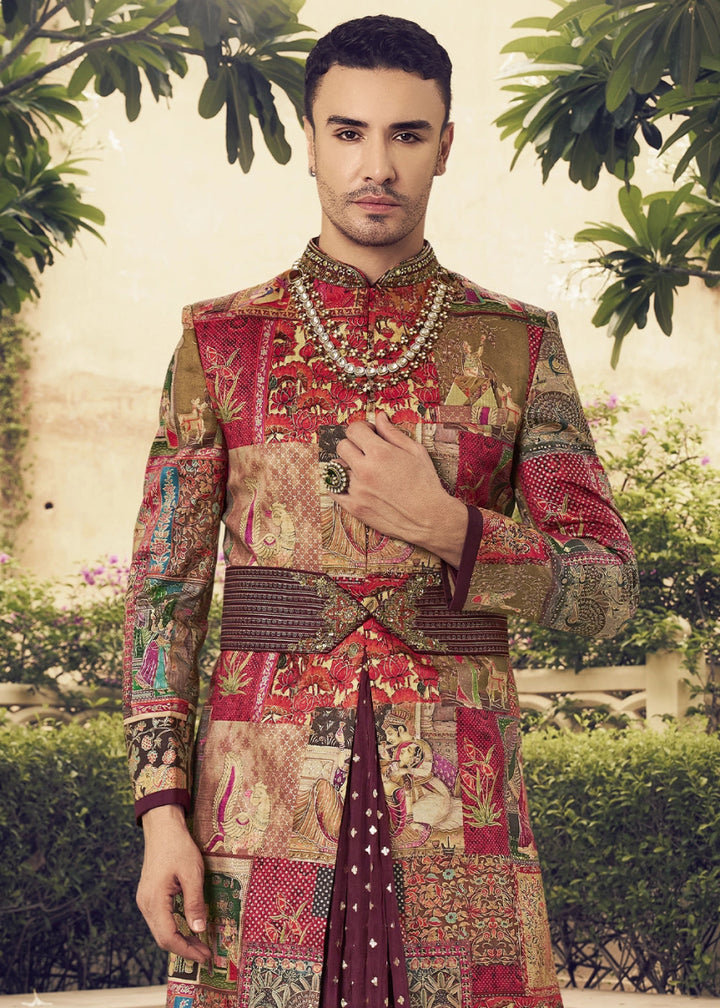 Red & Purple Dual Tone Silk Sherwani Set Ensemble with Elegant Print and Embroidery - House of Sarvati LLC