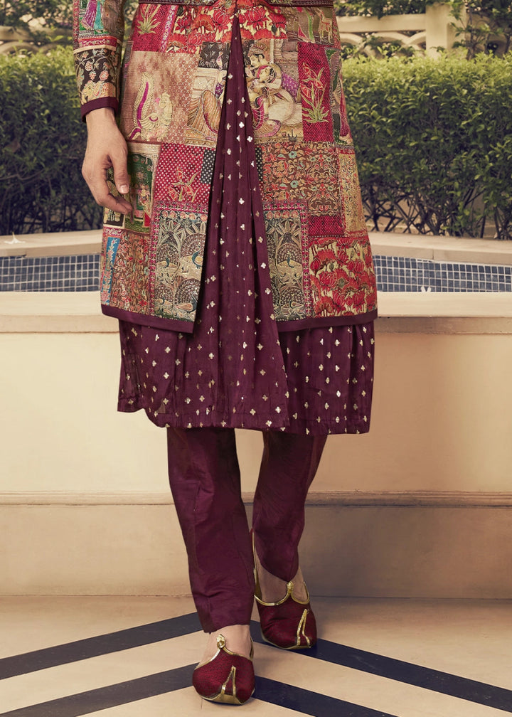 Red & Purple Dual Tone Silk Sherwani Set Ensemble with Elegant Print and Embroidery - House of Sarvati LLC