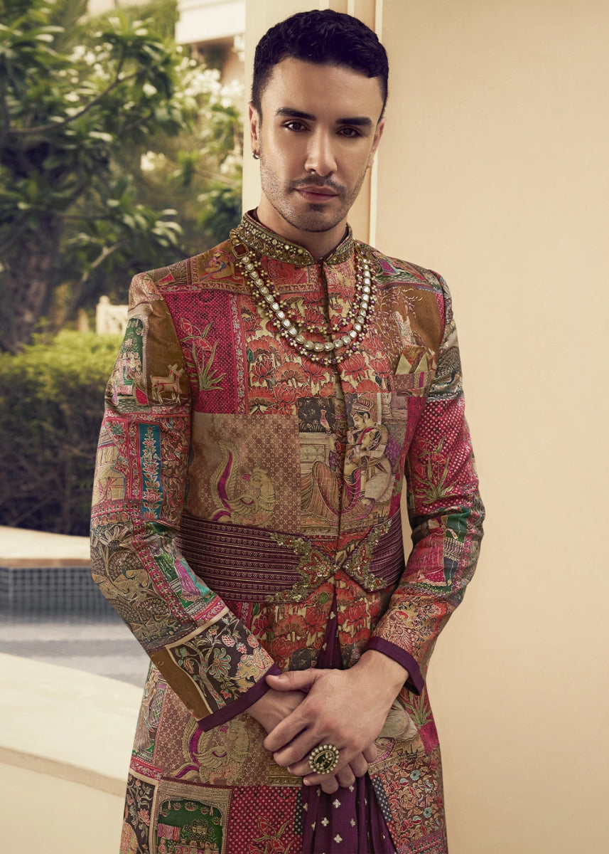 Red & Purple Dual Tone Silk Sherwani Set Ensemble with Elegant Print and Embroidery - House of Sarvati LLC