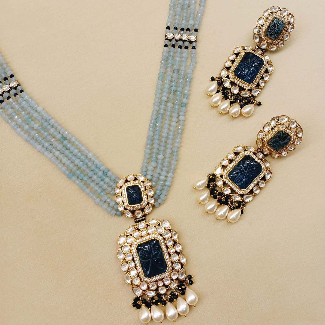 Rehemat Navy Blue Stone Gold & Rhodium Plated Victorian Set - House of Sarvati LLC