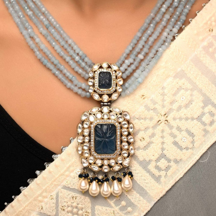 Rehemat Navy Blue Stone Gold & Rhodium Plated Victorian Set - House of Sarvati LLC