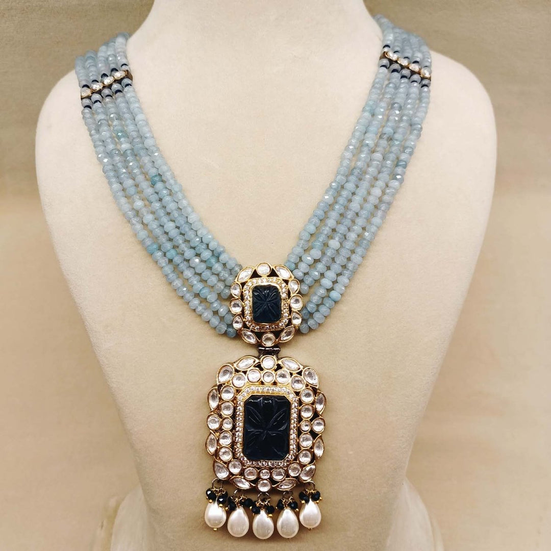 Rehemat Navy Blue Stone Gold & Rhodium Plated Victorian Set - House of Sarvati LLC