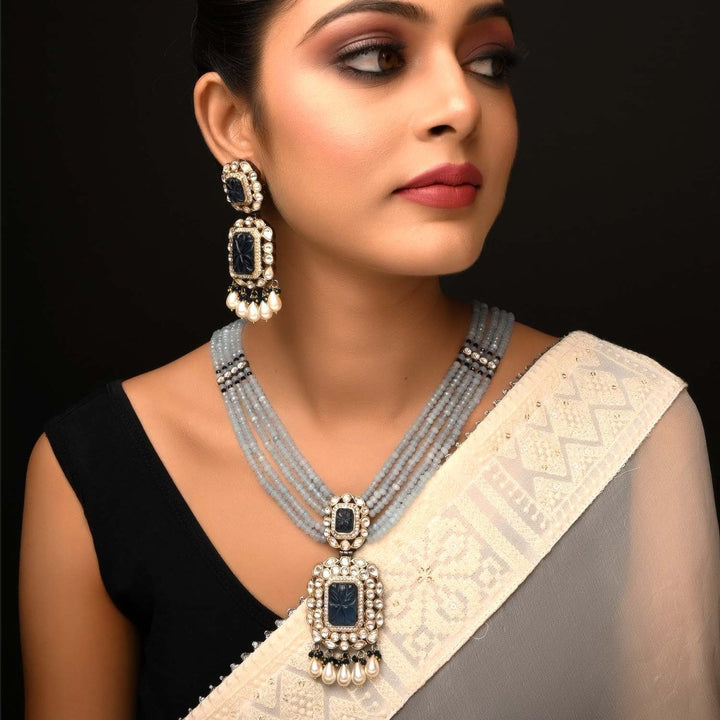 Rehemat Navy Blue Stone Gold & Rhodium Plated Victorian Set - House of Sarvati LLC