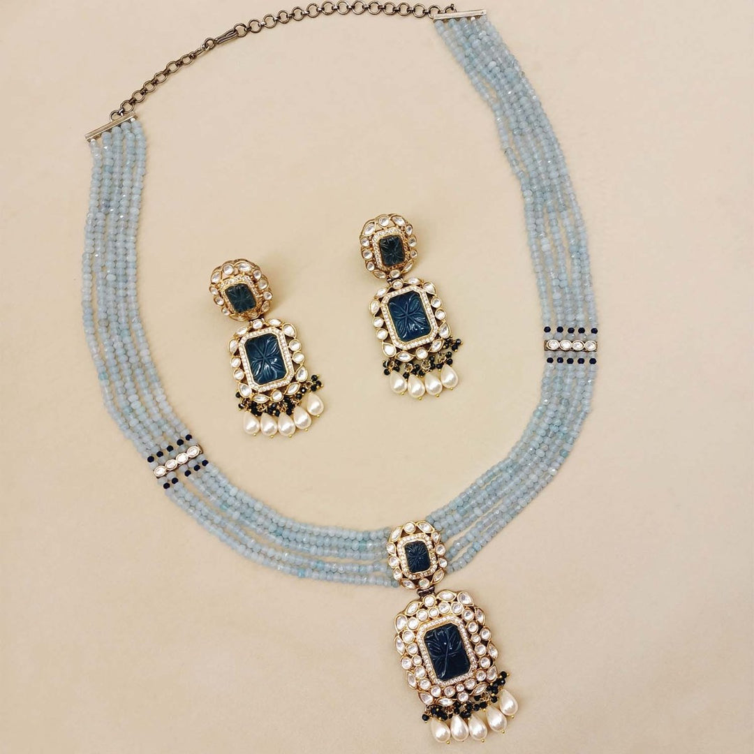 Rehemat Navy Blue Stone Gold & Rhodium Plated Victorian Set - House of Sarvati LLC