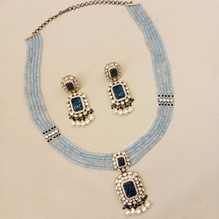 Rehemat Navy Blue Stone Gold & Rhodium Plated Victorian Set - House of Sarvati LLC