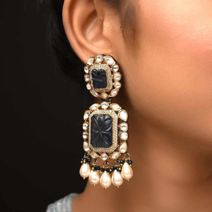 Rehemat Navy Blue Stone Gold & Rhodium Plated Victorian Set - House of Sarvati LLC