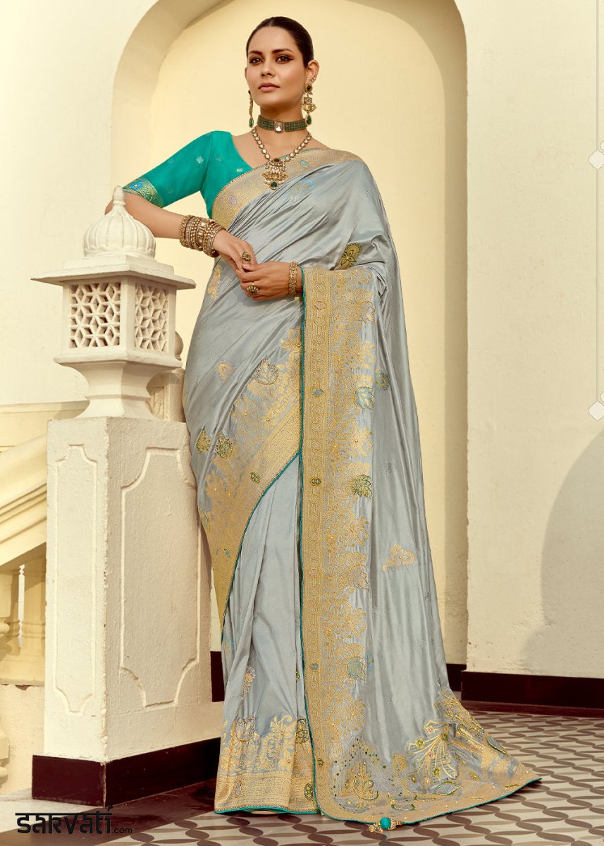 Rhino Grey Dola Silk Saree Featuring Zari Weave And Intricate Handwork With Cut Dana - House of Sarvati LLC