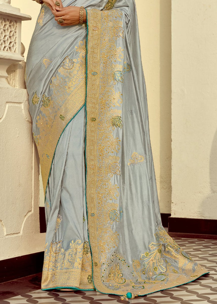 Rhino Grey Dola Silk Saree Featuring Zari Weave And Intricate Handwork With Cut Dana - House of Sarvati LLC