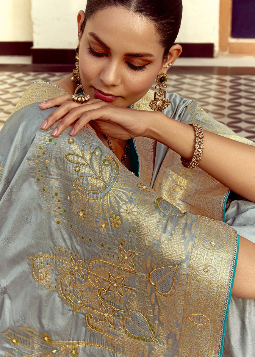 Rhino Grey Dola Silk Saree Featuring Zari Weave And Intricate Handwork With Cut Dana - House of Sarvati LLC