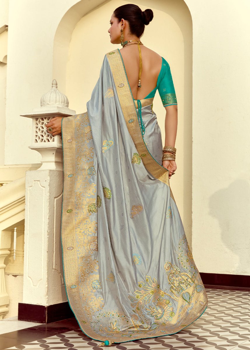 Rhino Grey Dola Silk Saree Featuring Zari Weave And Intricate Handwork With Cut Dana - House of Sarvati LLC