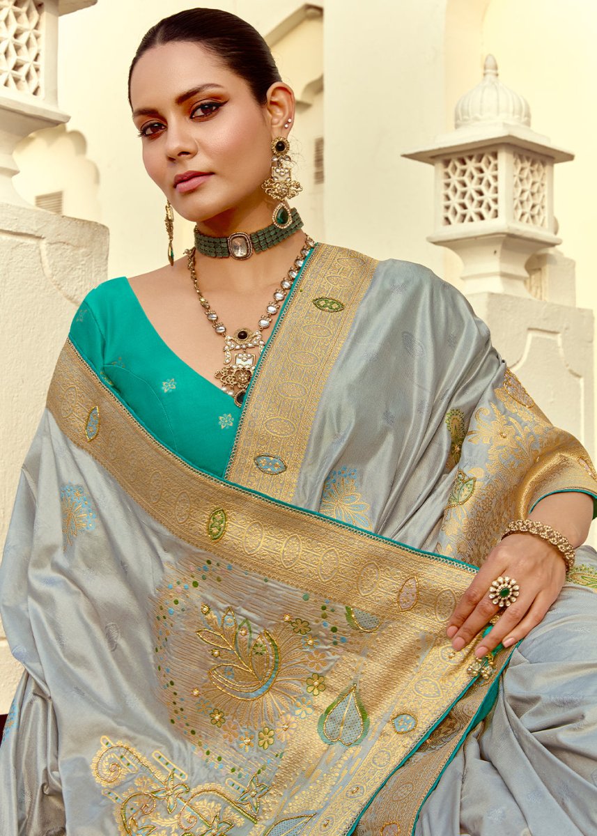 Rhino Grey Dola Silk Saree Featuring Zari Weave And Intricate Handwork With Cut Dana - House of Sarvati LLC