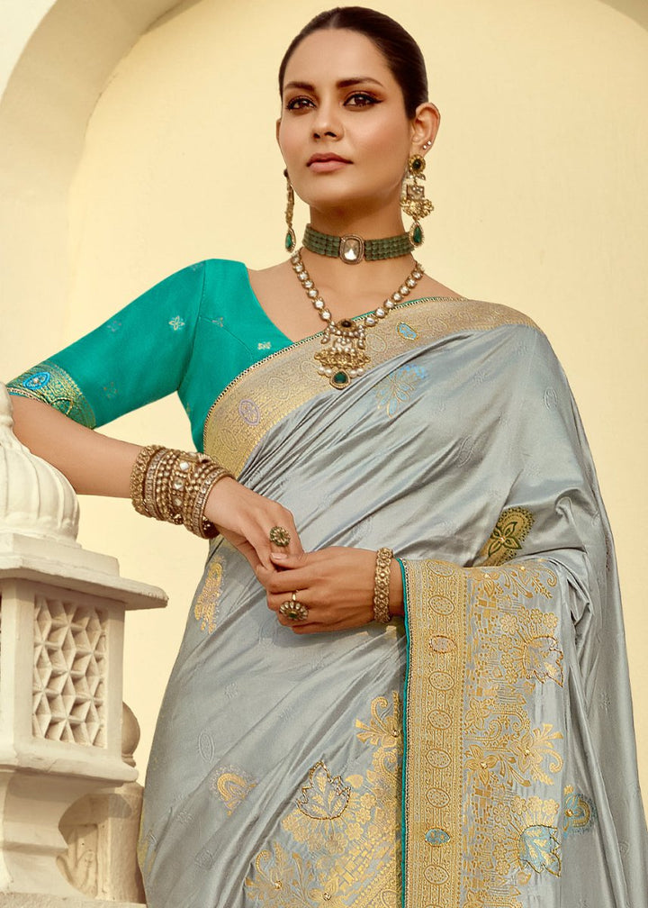 Rhino Grey Dola Silk Saree Featuring Zari Weave And Intricate Handwork With Cut Dana - House of Sarvati LLC