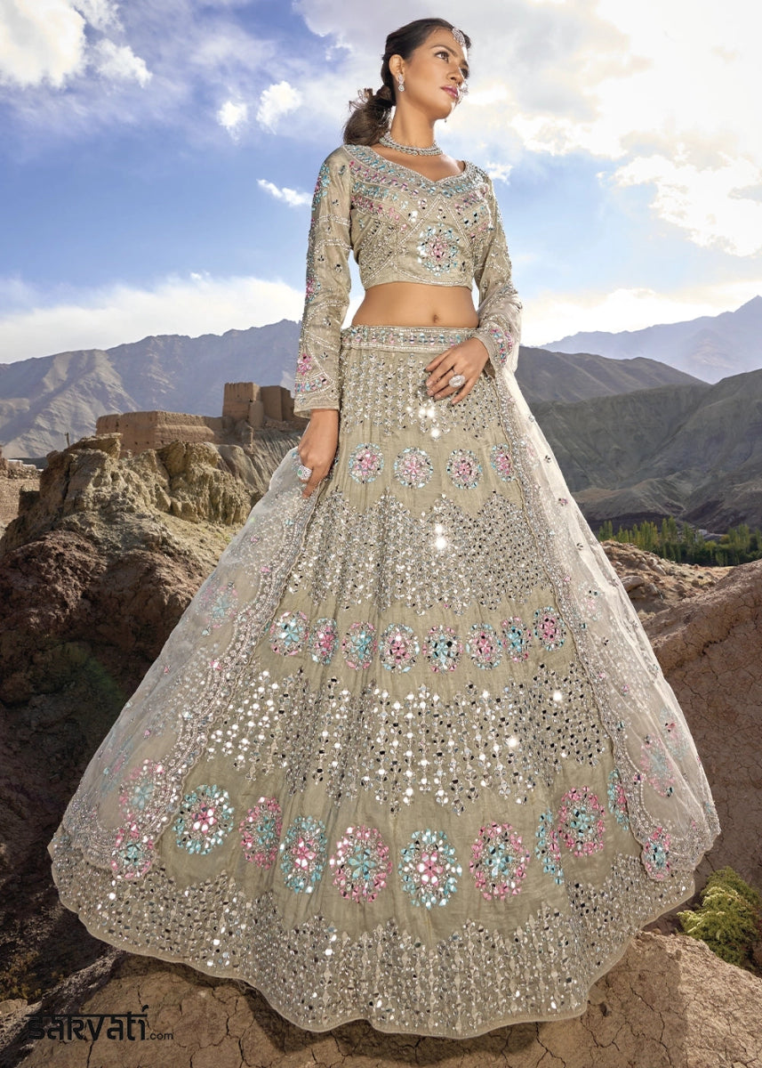 Rhinoceros Grey Organza Lehenga Choli Adorned With Cutwork, Mirror, And Zarkan Embellishments - House of Sarvati LLC