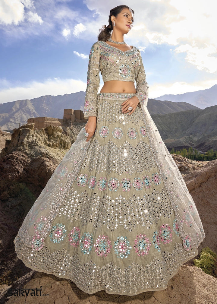 Rhinoceros Grey Organza Lehenga Choli Adorned With Cutwork, Mirror, And Zarkan Embellishments - House of Sarvati LLC