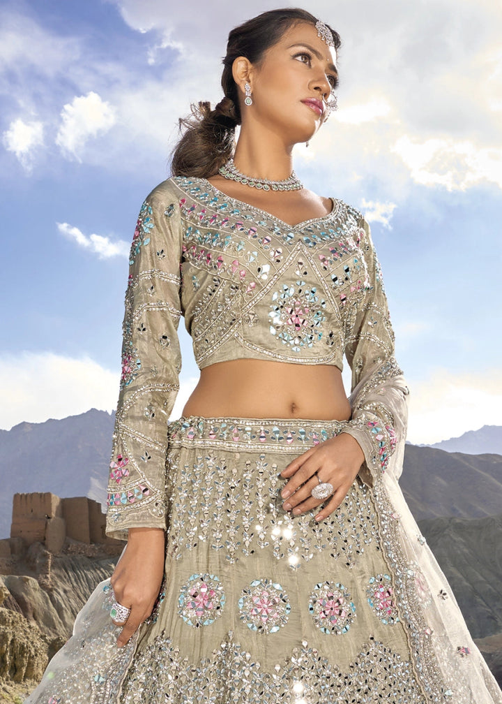 Rhinoceros Grey Organza Lehenga Choli Adorned With Cutwork, Mirror, And Zarkan Embellishments - House of Sarvati LLC