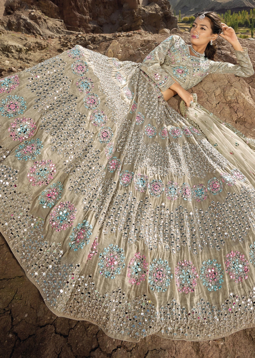 Rhinoceros Grey Organza Lehenga Choli Adorned With Cutwork, Mirror, And Zarkan Embellishments - House of Sarvati LLC