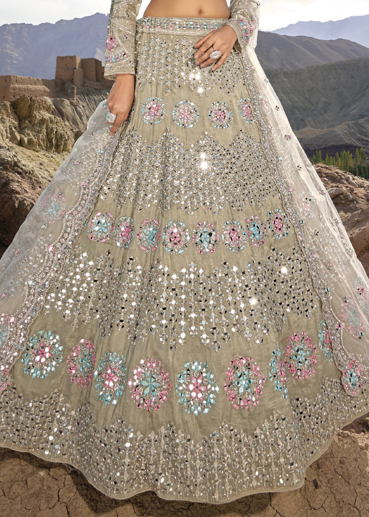 Rhinoceros Grey Organza Lehenga Choli Adorned With Cutwork, Mirror, And Zarkan Embellishments - House of Sarvati LLC