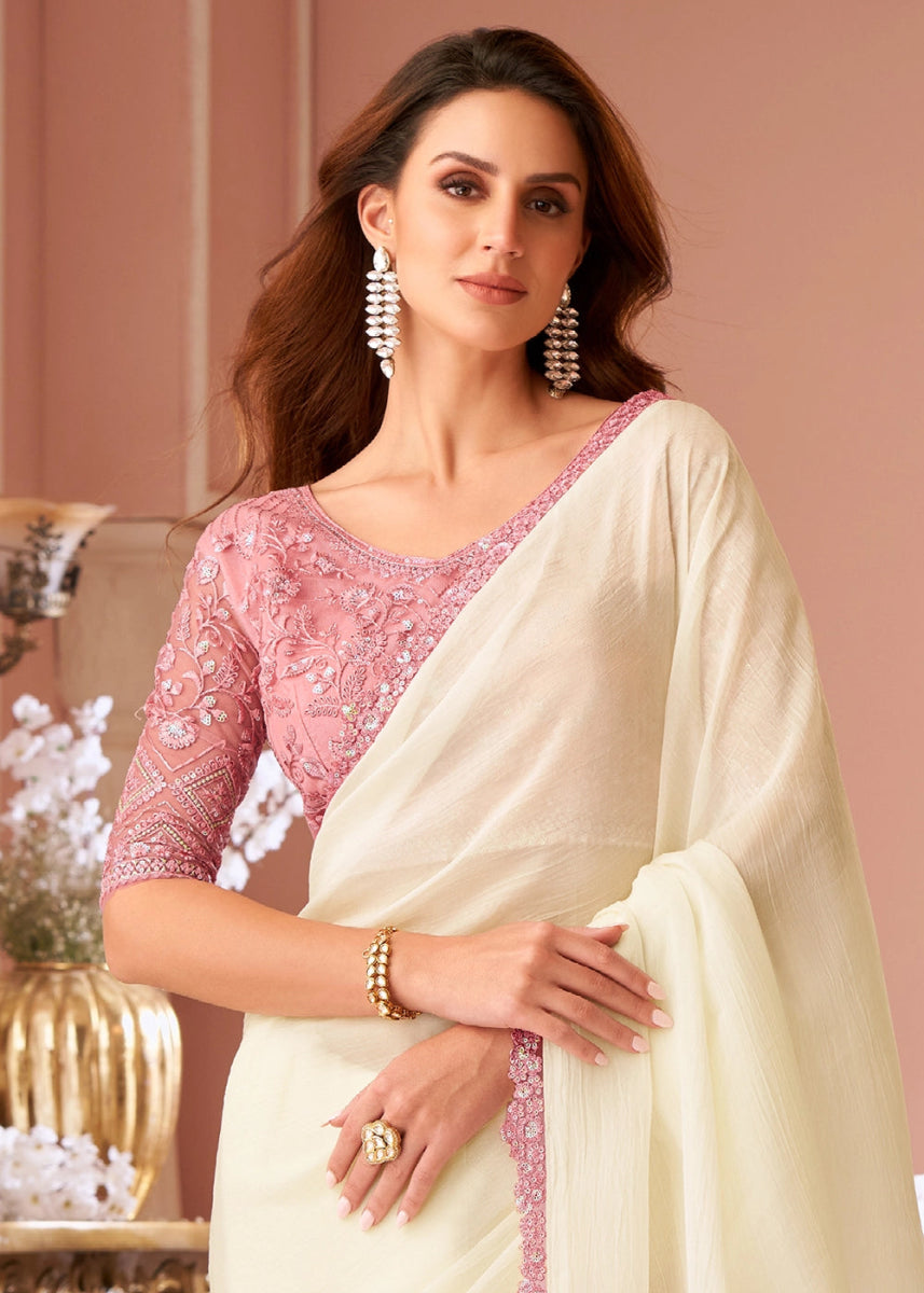 Rice White Embellished Georgette Saree with Designer Blouse - House of Sarvati LLC