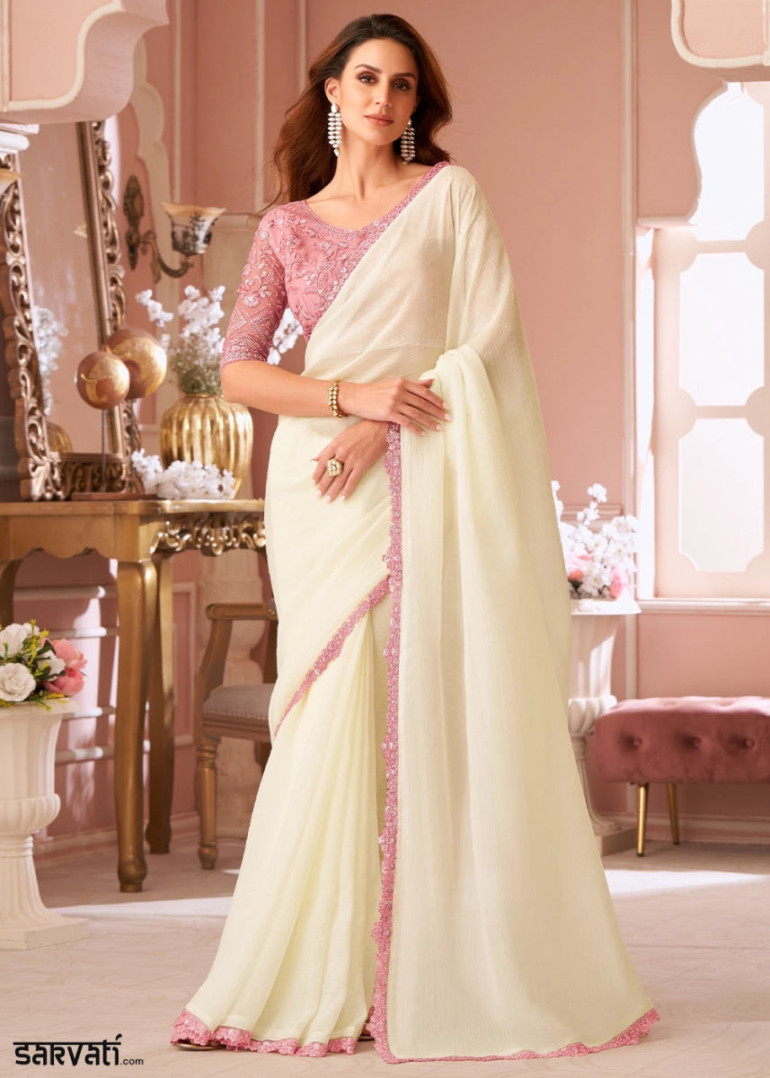 Rice White Embellished Georgette Saree with Designer Blouse - House of Sarvati LLC