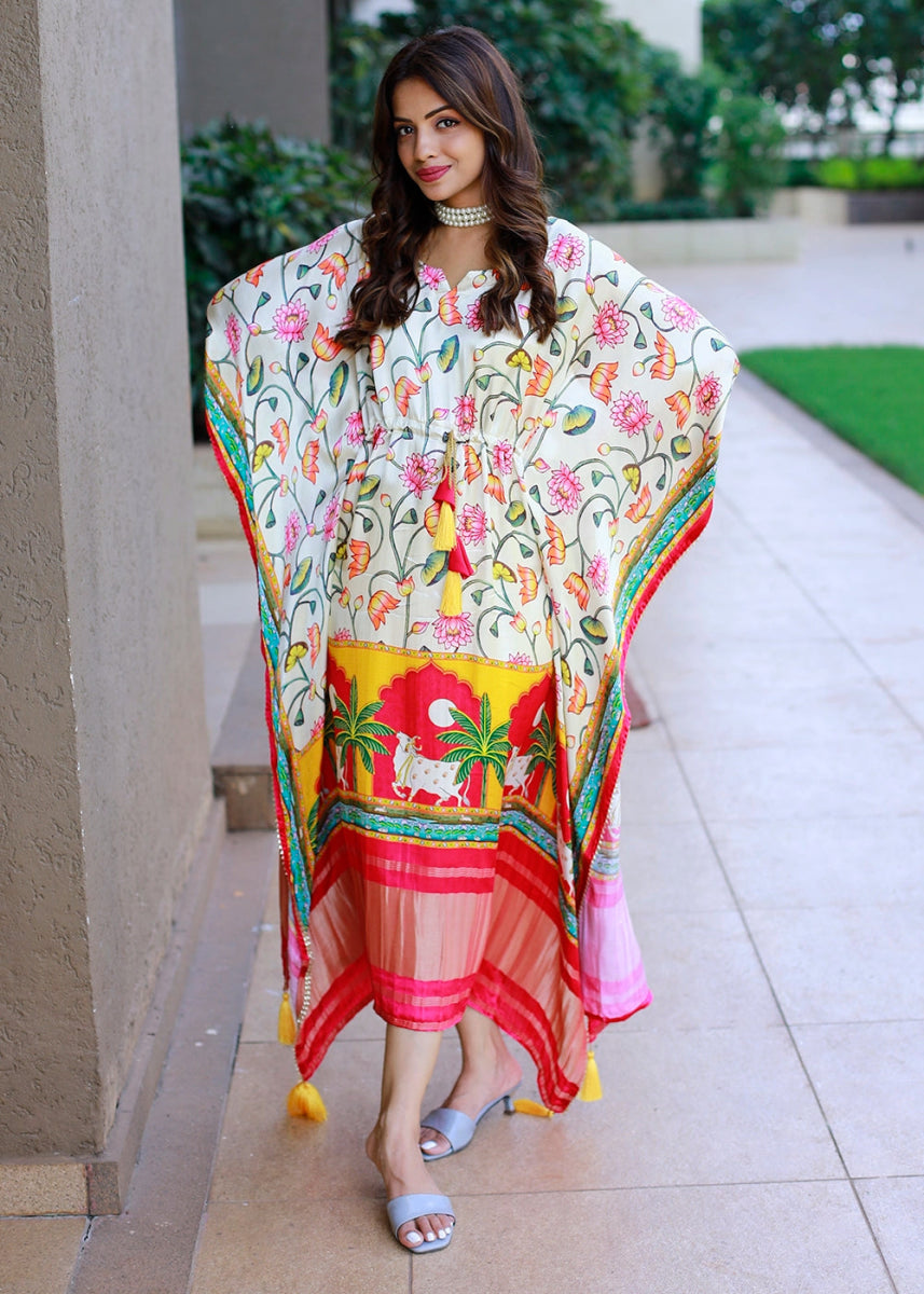 Rice White Gaji Silk Kaftan with Gota Patti Lace and All - Over Floral Digital Print - House of Sarvati LLC