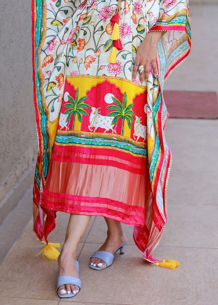 Rice White Gaji Silk Kaftan with Gota Patti Lace and All - Over Floral Digital Print - House of Sarvati LLC