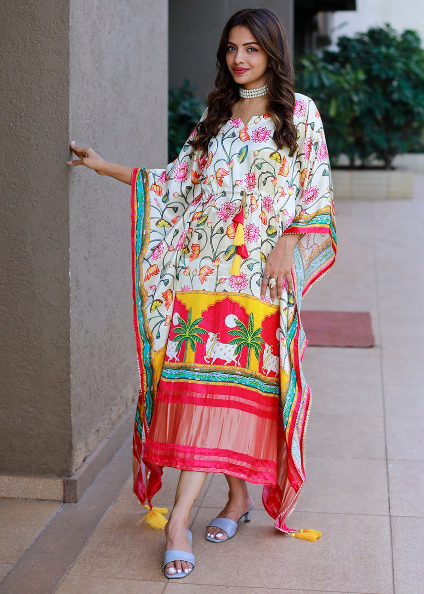 Rice White Gaji Silk Kaftan with Gota Patti Lace and All - Over Floral Digital Print - House of Sarvati LLC