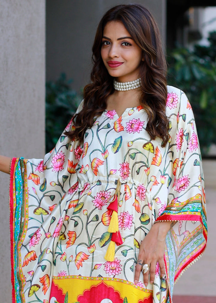 Rice White Gaji Silk Kaftan with Gota Patti Lace and All - Over Floral Digital Print - House of Sarvati LLC
