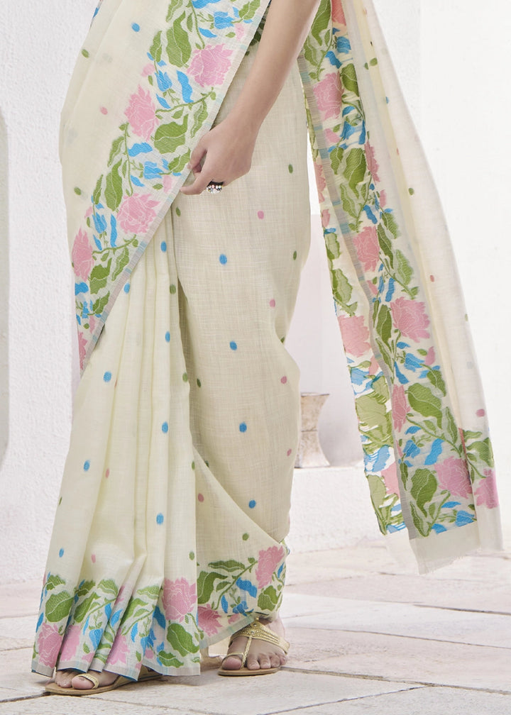 Rice White Linen Silk Saree with Delicate Floral Designs - House of Sarvati LLC